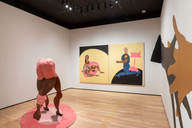 Installation view of paintings and sculptures by Tschabalala Self