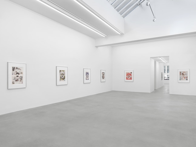 Installation view of Walead Beshty collage, photography, and sculpture exhibition