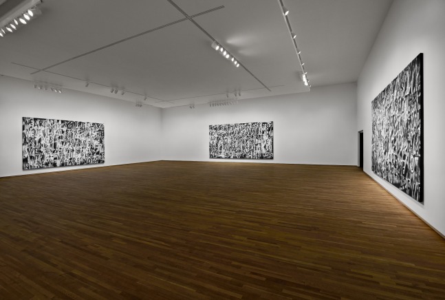 Installation view of black and white paintings by Adam Pendleton