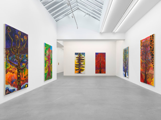 Installation view, Shara Hughes, Tree Farm, Galerie Eva Presenhuber, Waldmannstrasse, Zurich, 2024