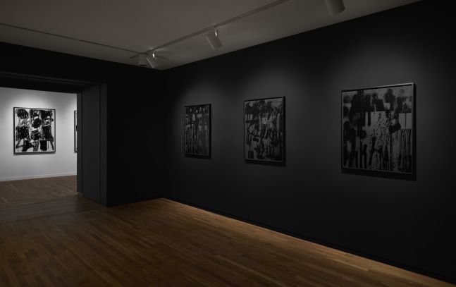 Installation view of black and white paintings by Adam Pendleton