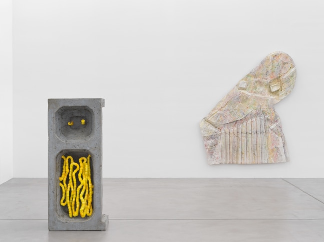 Installation view of Justin Matherly sculpture and wall relief exhibition