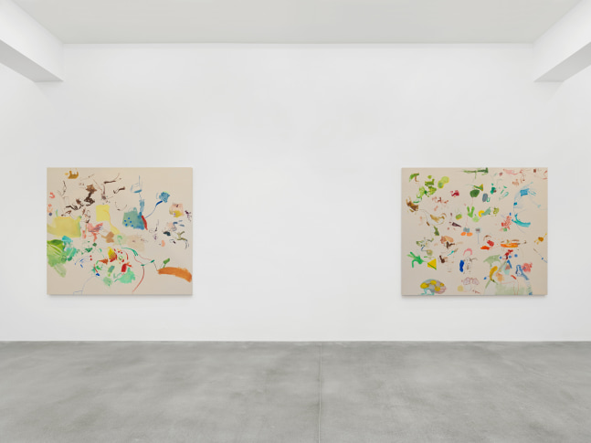 Installation view of Sue Williams painting and collage exhibition