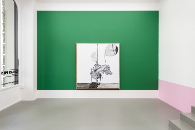 Installation view of paintings by Tobias Pils and wall paintings by Gerwald Rockenschaub