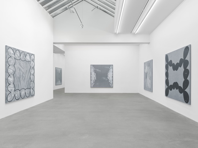 installation view of grayscale paintings by Amy Feldman