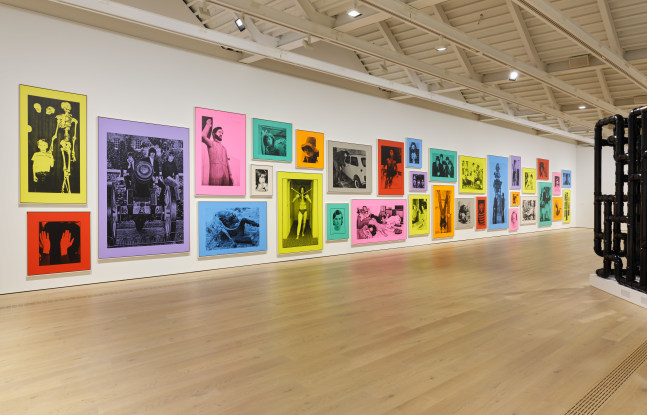 Installation view of sculptures, screen prints, paintings and drawings by Steven Shearer