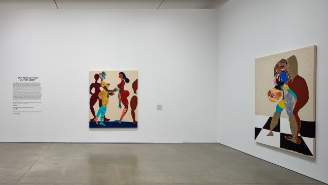 Installation view of paintings and sculptures by Tschabalala Self