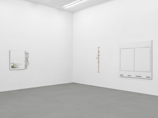 Installation view, Matias Faldbakken, Abstracts and Pewter Abstracts, Galerie Eva Presenhuber, Waldmannstrasse, Zurich, 2025