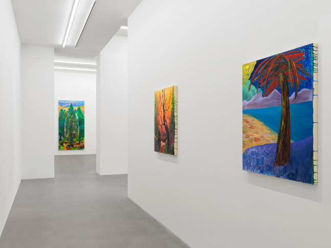 Installation view, Shara Hughes, Tree Farm, Galerie Eva Presenhuber, Waldmannstrasse, Zurich, 2024