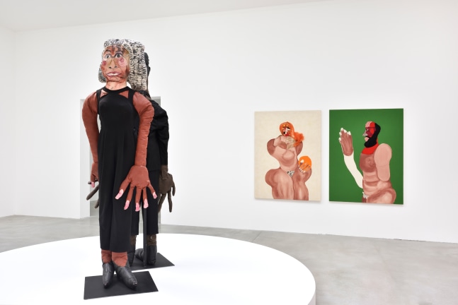 Installation view of paintings and sculptures by Tschabalala Self