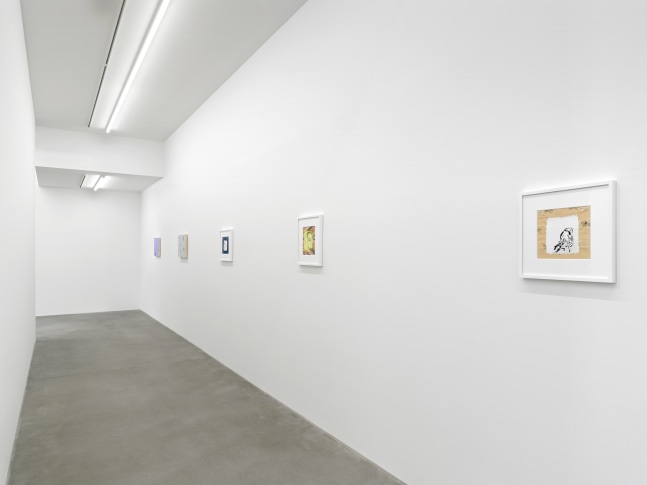 Installation view of Sue Williams painting and collage exhibition