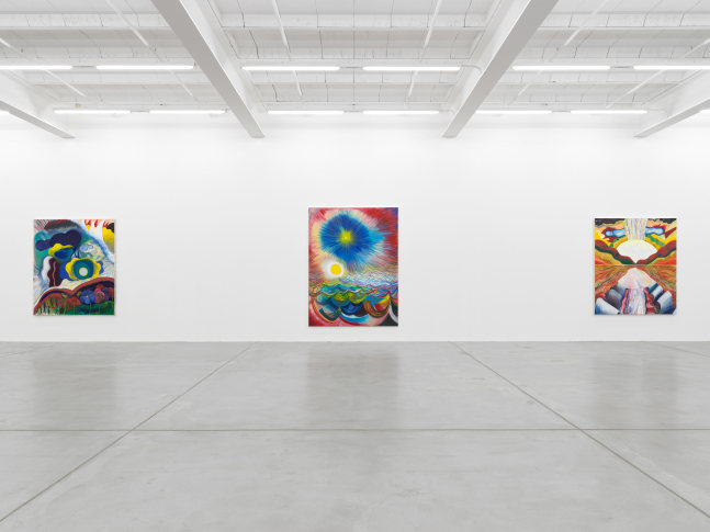 Installation view of Shara Hughes paintings