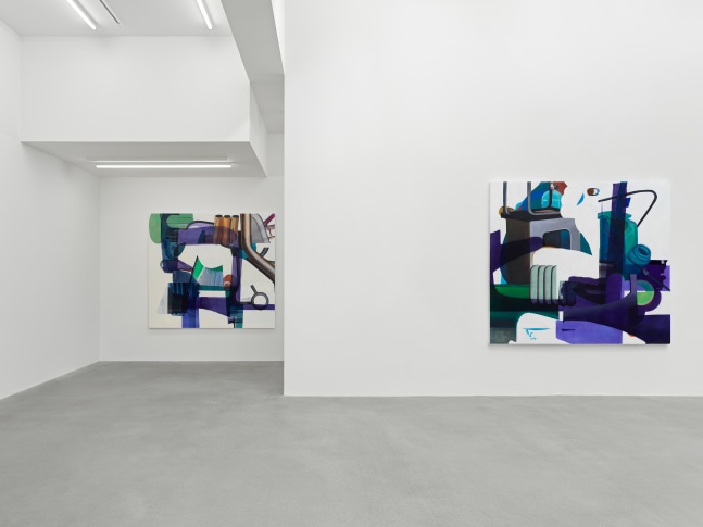 Installation view of paintings and video by Alex Hubbard