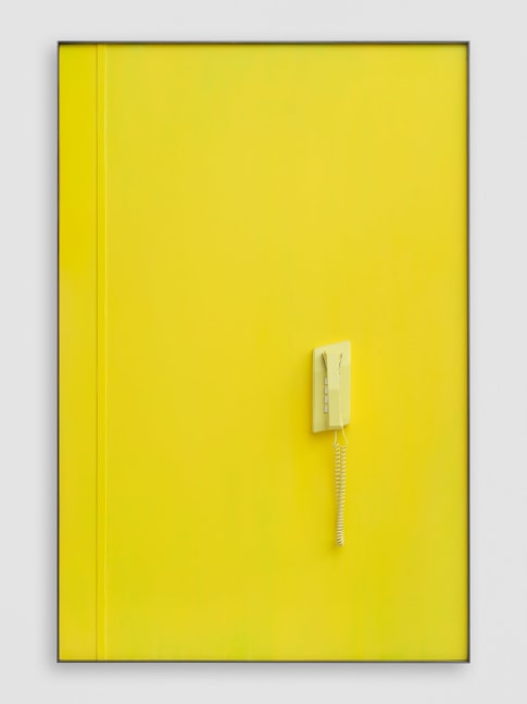 YELLOW TELEPHONE (SLEEPING) FOR JG 2020 Patinated steel, etched and painted aluminium, painted silicone moulded vacuum cast resin, coiled cable 167.5 x 111.5 x 11 cm / 66 x 43 7/8 x 4 3/8 in