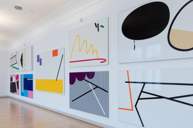 Installation by Gerwald Rockenschaub, Blueberry Fields (Orphaned Selec + 1) 2006–2013 Various color foil images, color foil on alucore, aluminum frame Overall dimensions variable Installation view, Kunstmuseum St. Gallen, St. Gallen, 2016