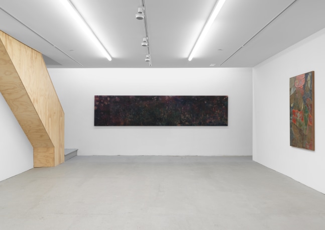 Installation view of Sam Falls paintings and sculptures exhibition