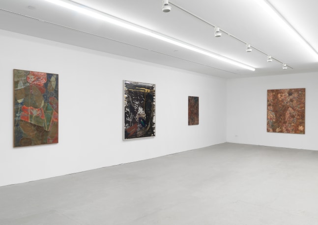 Installation view of Sam Falls paintings and sculptures exhibition