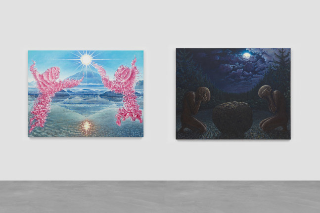 Dyptich of two pink angels in front of a lake and mountains and two persons bending ofer a stone in a dark mountain at night by Jean-Frédéric Schnyder