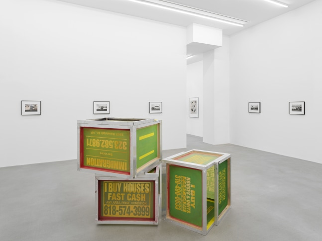 Installation view of Walead Beshty collage, photography, and sculpture exhibition