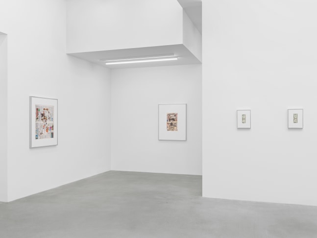 Installation view of Walead Beshty collage, photography, and sculpture exhibition