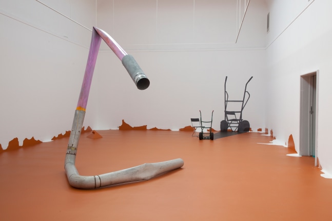 Installation view of sculptures by Urs Fischer, Mark Handforth, and Georg Herold