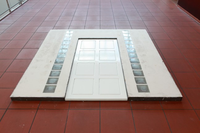 Installation view of sculpture by Oscar Tuazon