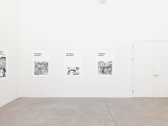 Installation view of Liam Gillick wall-based graphic works and wall hangings exhibition