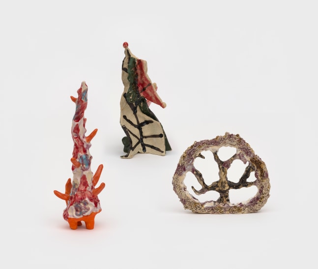 Tree Farm Group 16

2024

Glazed and painted ceramics; 3 parts

Object A 22 x 5 x 4 cm / 8 5/8 x 2 x 1 5/8 in

Object B 21.5 x 6 x 6 cm / 8 1/2 x 2 3/8 x 2 3/8 in

Object C 18 x 18 x 4 cm / 7 1/8 x 7 1/8 x 1 5/8 in

&amp;copy; Shara Hughes