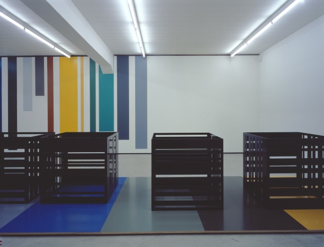 Installation view of Liam Gillick wall-based graphic work and sculpture exhibition