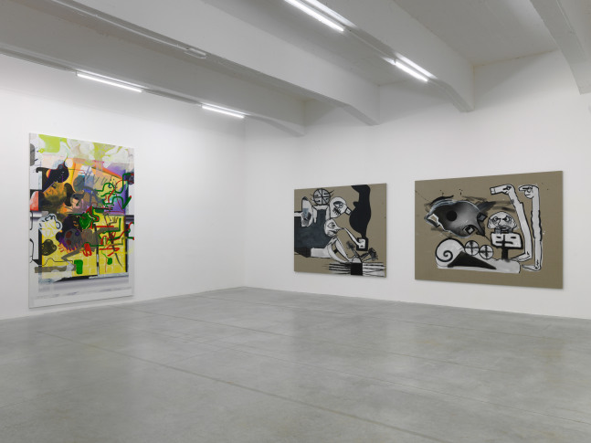 Installation view of paintings by Tobias Pils and Michael Williams
