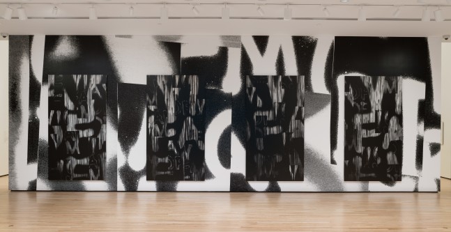 Installation view of paintings by Adam Pendleton