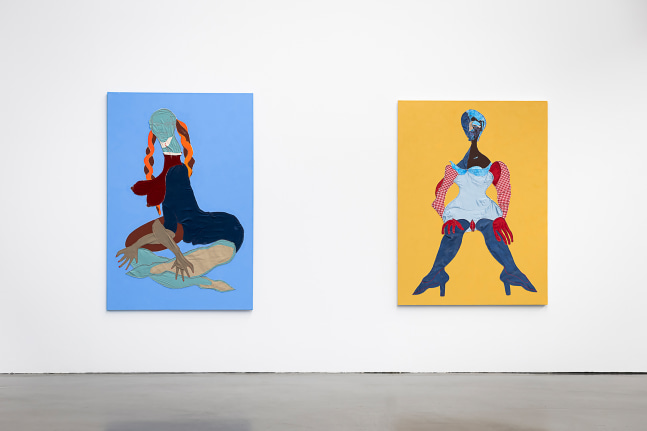 Installation view of paintings by Tschabalala Self