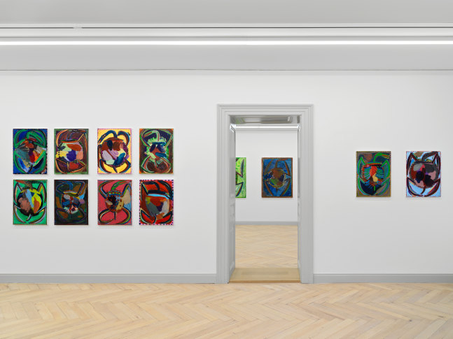 Installation view of Josh Smith paintings, monotypes, and ceramics exhibition