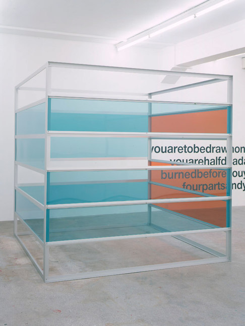 Sculpture by Liam Gillick, Filtration 2001 Anodized aluminum, plexiglas (blue, orange) 240 x 250 x 240 cm / 94 1/2 x 98 3/8 x 94 1/2 in