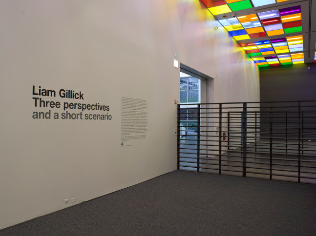 Installation view of sculptures and light installations by Liam Gillick