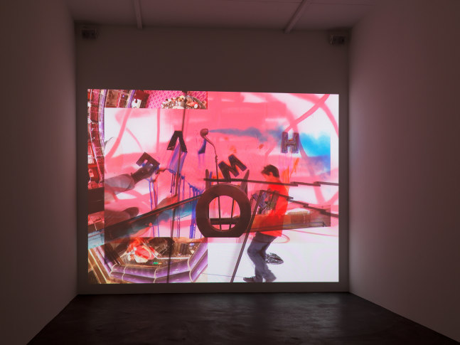 Installation view of Alex Hubbard sculptural paintings and film exhibition