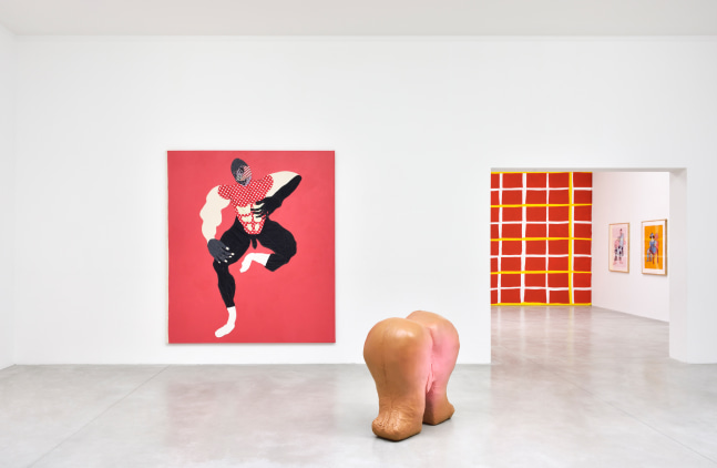 Installation view of paintings and sculptures by Tschabalala Self