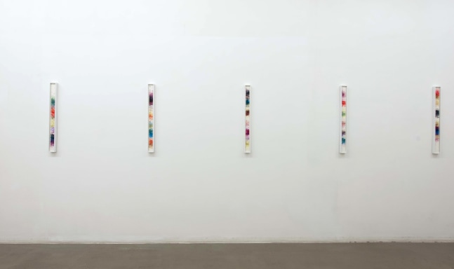 Installation view of sculptures and paintings by Sam Falls
