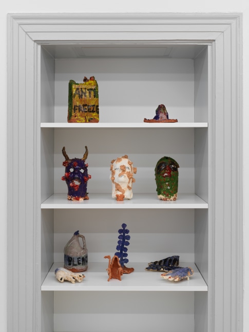 Installation view of Josh Smith paintings, monotypes, and ceramics exhibition