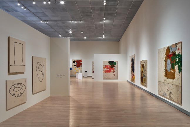 Installation view of paintings and sculptures by Joe Bradley