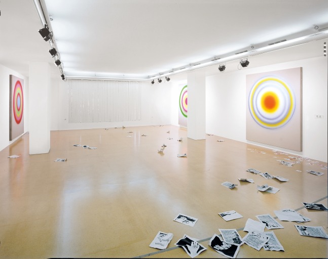 Installation view of paintings and sculptures by Ugo Rondinone