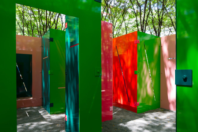 Installation view of sculpture by Sam Falls