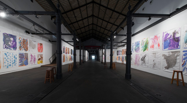 Installation view of paintings by Josh Smith