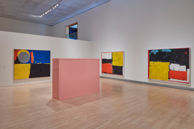 Installation view of paintings and sculptures by Joe Bradley