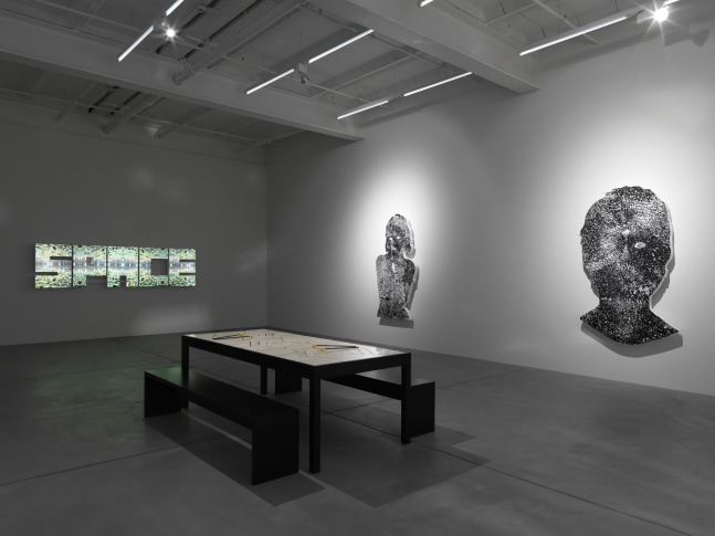 Installation view of Doug Aitken video and sculpture exhibition