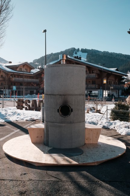 Installation view, Oscar Tuazon, Fire Worship, Elevation 1049, Saanen, 2025