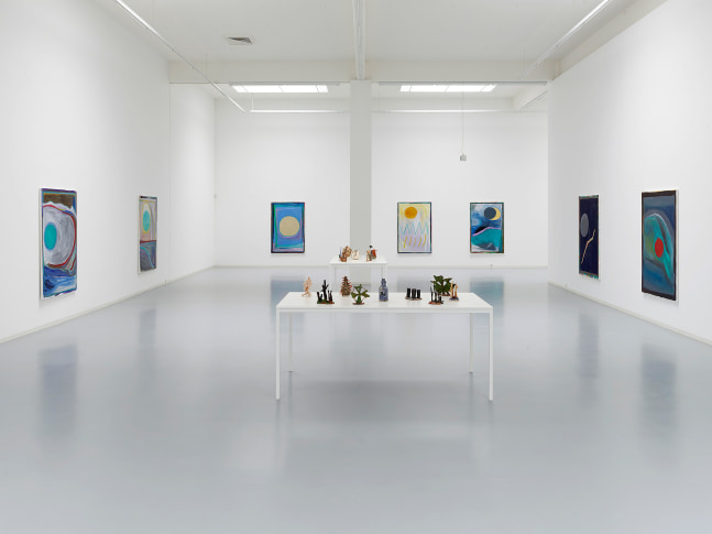 Installation view of sculptures and paintings by Josh Smith