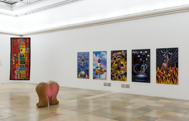 Installation view of paintings by Tschabalala Self