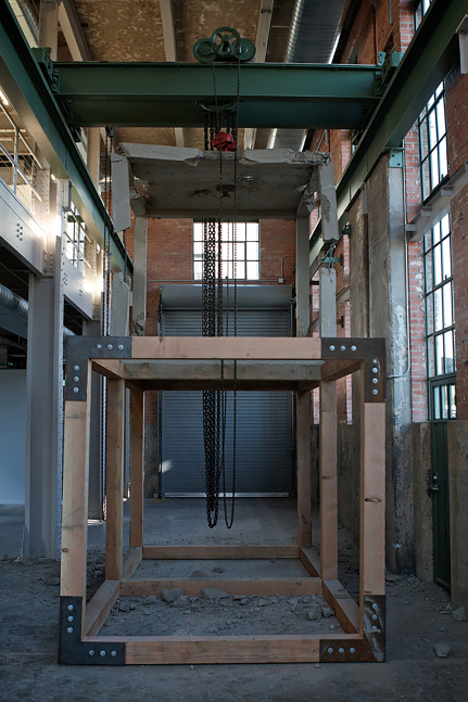 Installation view of sculpture by Oscar Tuazon