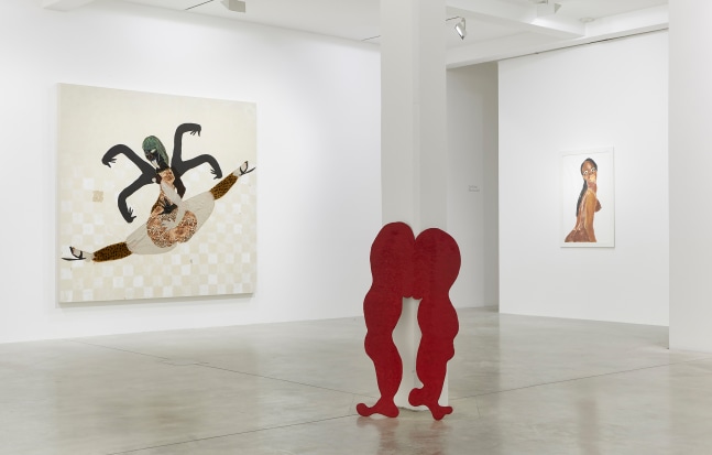 Installation view of paintings and sculptures by Tschabalala Self